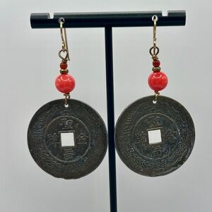 Vintage Chinese Charm Coin Dangle Earrings